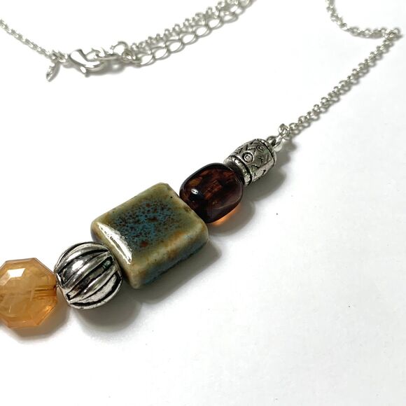 SAO Avon Art Glass 17" Necklace Faux Amber Foil Bead Ceramic Silver Tone Beads - Picture 5 of 9